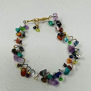 Multicolor Mixed Gemstone Bracelet Chip Wire Wrap Gold Tone Lobster Clasp Boho